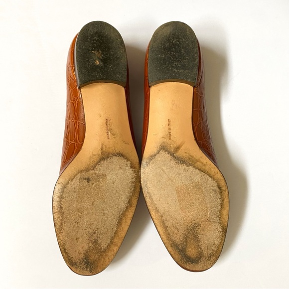 SALVATORE FERRAGAMO BROWN CROC LEATHER GOLD LOGO CHAIN LOAFERS SHOES - Picture 12 of 12